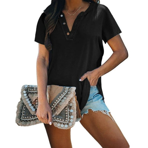 New Women Clothing Solid Color Women Shirt V-neck Button Short